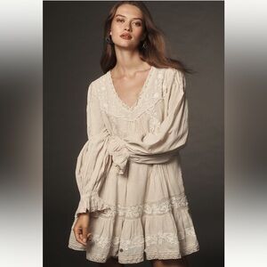 By Anthropologie Long Sleeve Embroidered Pintuck Swing Mini Dress